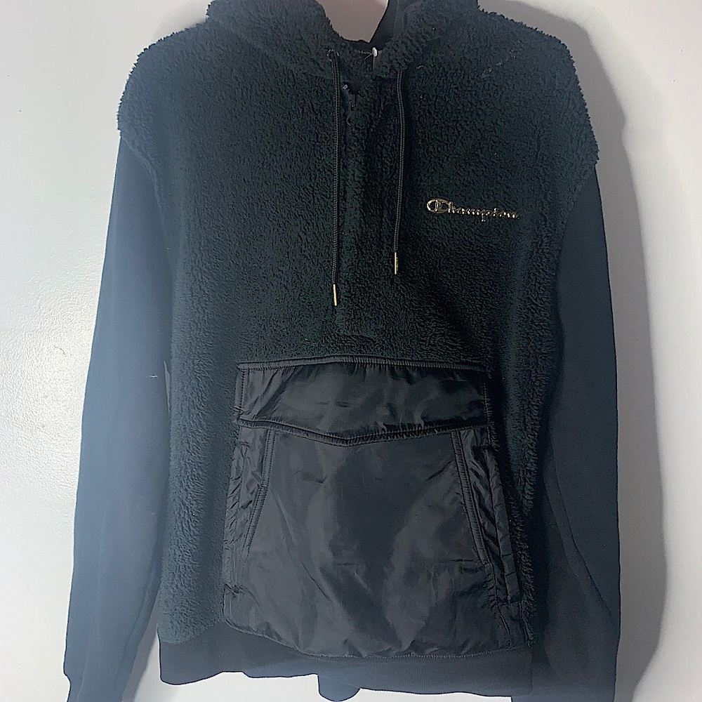 Champion Fur Hoodie black and Shiny Gold logo